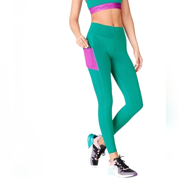 Fabletics High-Waisted SculptKnit Pocket Leggings Dark Jade/Fiesta Green Pink SM - Picture 3 of 13
